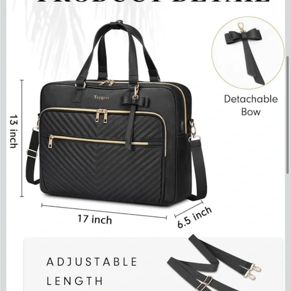 Taygeer 17” Black Laptop Work Bag, Quilted Leather, Waterproof - Picture 7 of 7